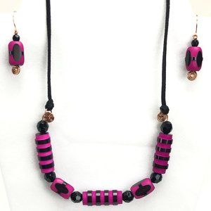 Magenta & Black Necklace & Earrings One of a kind
